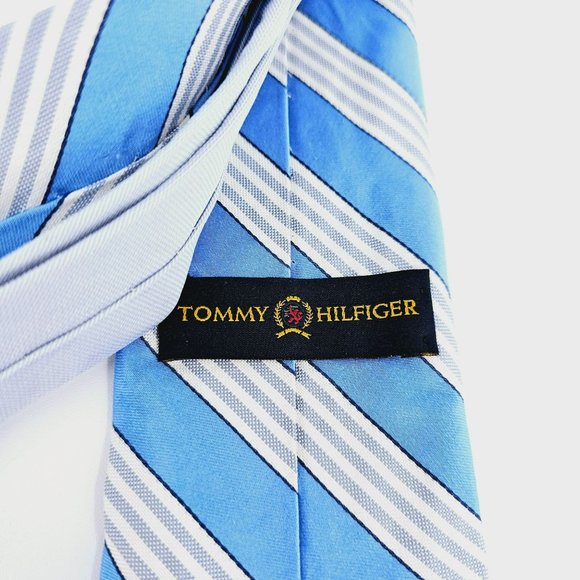 Tommy Hilfiger Tie Blue White Stripe 100% Silk USA Made Classic Work Gift Preppy - Picture 2 of 11
